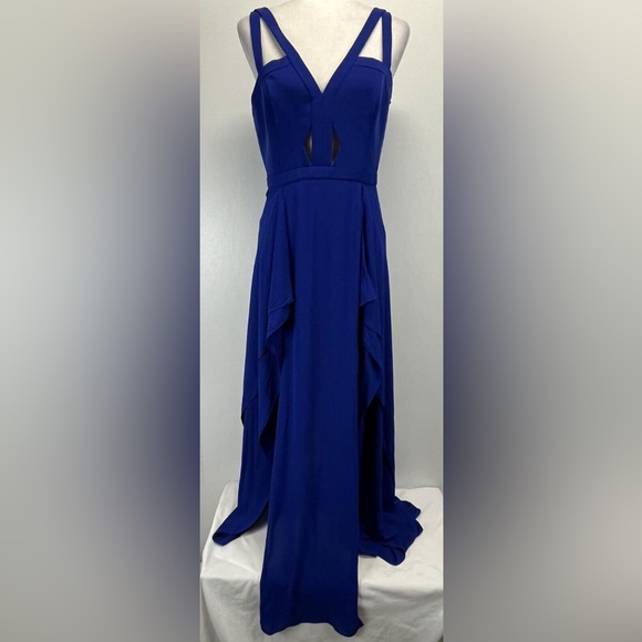 Size 0 BCBG Royal Blue ruffled hem dress with 2 front slits and cutouts - Picture 1 of 9
